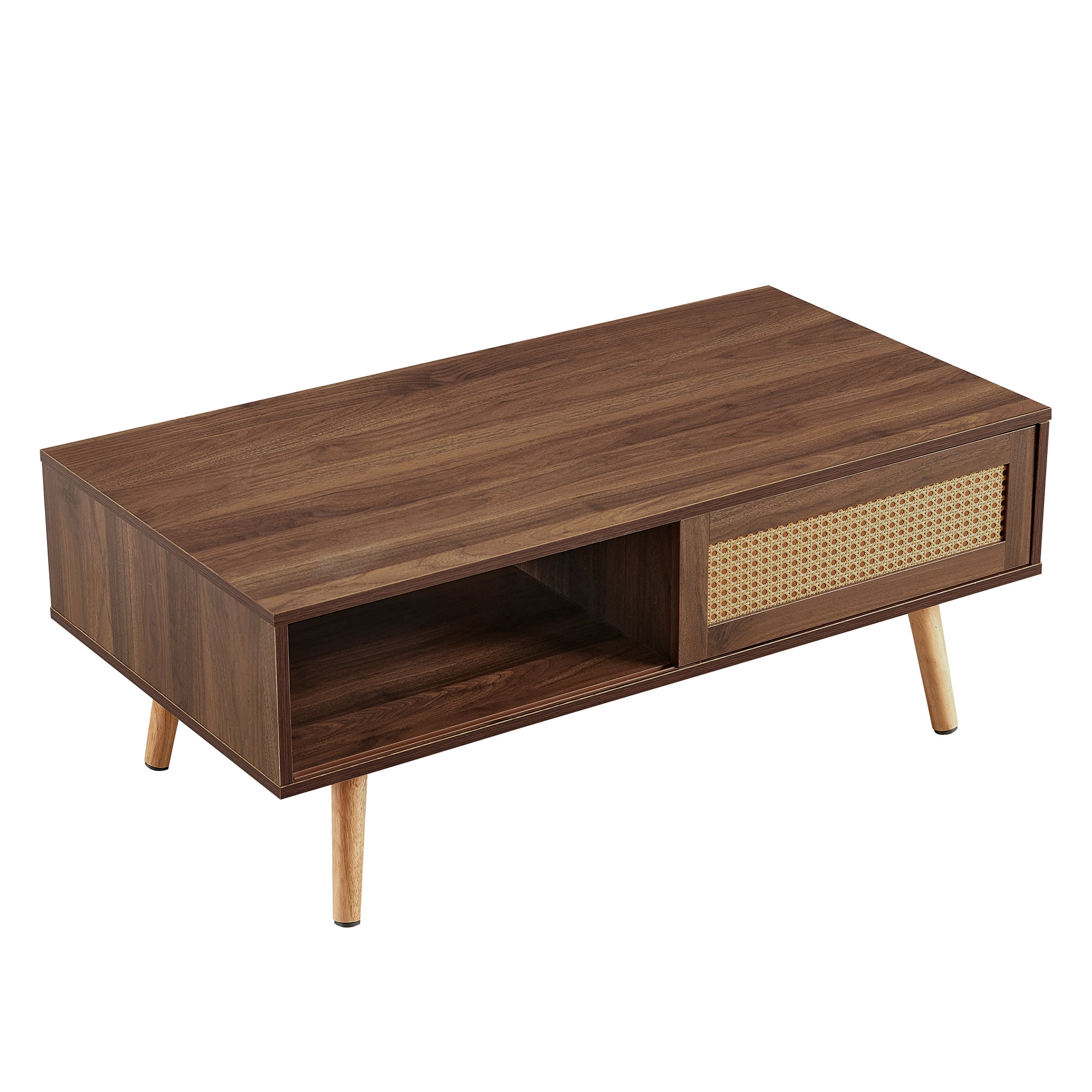 Coffee Table, Living Room Table, Storage Coffee Table with PE Rattan Finish Sliding Door Storage Compartment Solid Wood Legs Adjustable Feet, Walnut