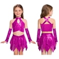 thumbnail image 5 of inlzdz Girls Sequin 3 Piece Dance Outfits Halter Crop Top with Skirt Gloves Set Jazz Latin Ballroom Dancewear Hot Pink 8, 5 of 6