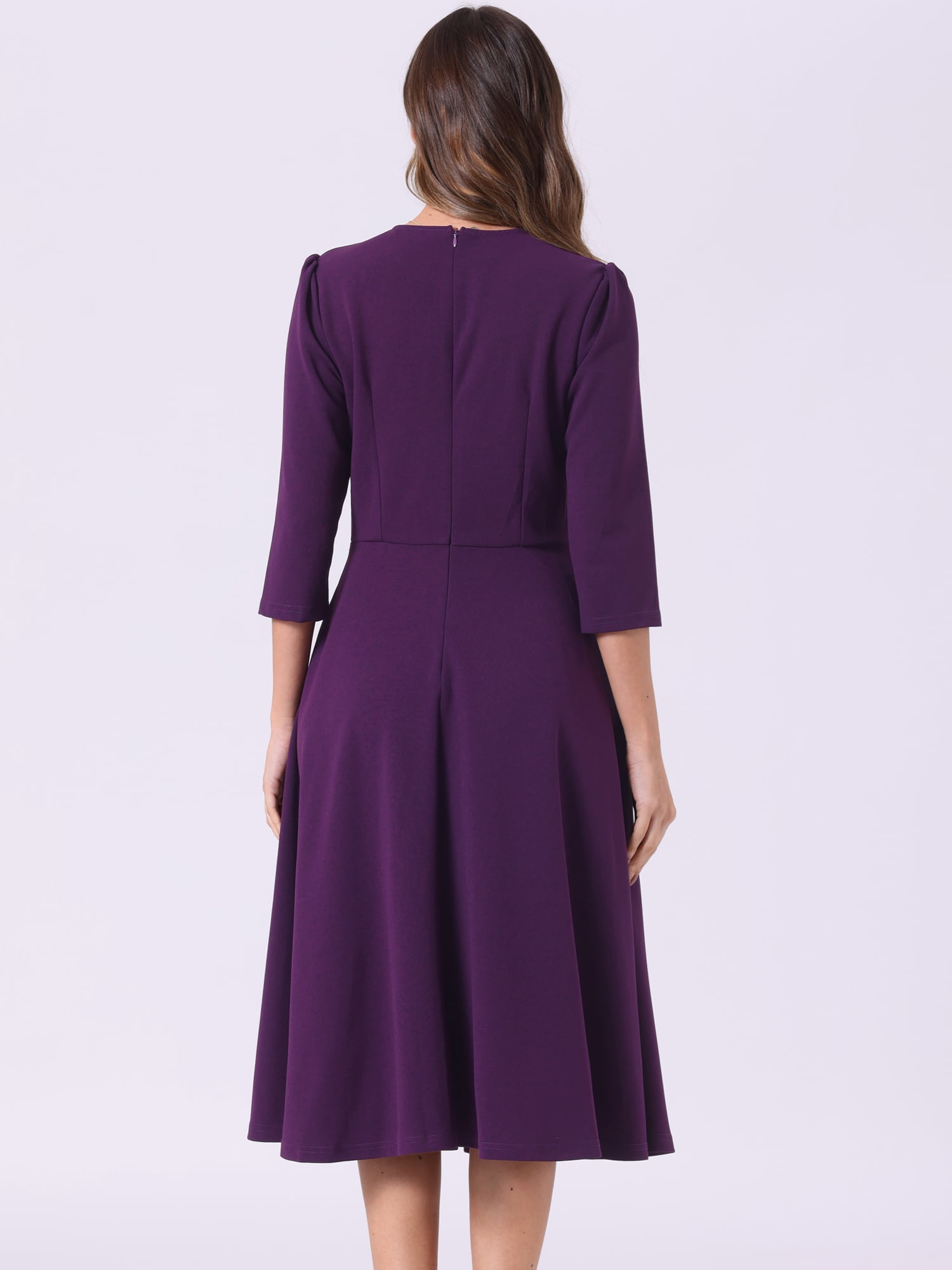 DARING DIVA 3/4 Sleeve A-Line Midi Work Dress S Deep Purple