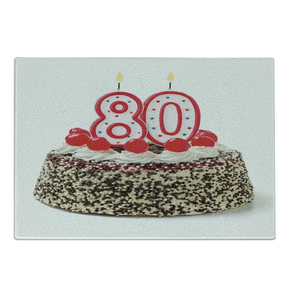 80th Birthday Cutting Board, Party Cake Tasty Cherries Sprinkles and Candles Image Typography, Decorative Tempered Glass Cutting and Serving Board, Small Size, Multicolor, by Ambesonne