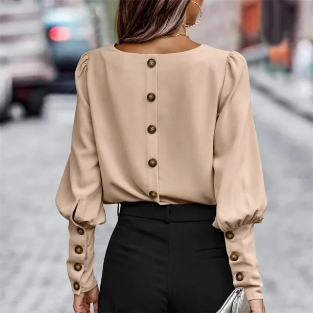 Cárdigan de una sola botonadura en la espalda para mujer, Tops elegantes, camiseta de manga de linterna de Color sólido, camisetas de viaje cómodas para mujer, nuevo