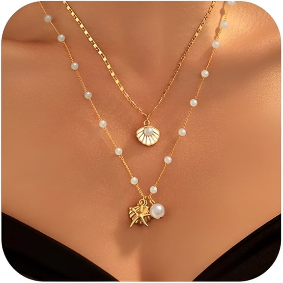 DESIGNICE Gold Sea Shell Necklace, Layer Charm Necklace for Women Boho Seashell Beach Starfish Necklace for Women Halloween Costume Jewelry Accessories Dresses