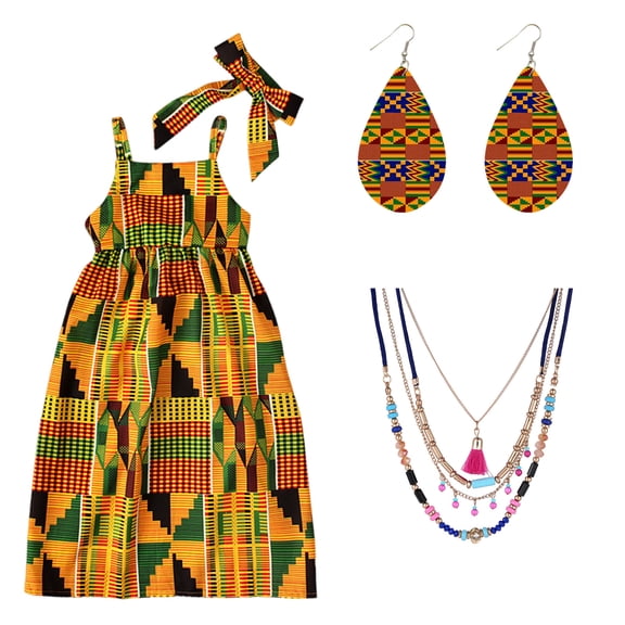 Forfamy 4Pcs African Dresses for Girls African Attire Traditional Costume Summer Party Clothes Headband