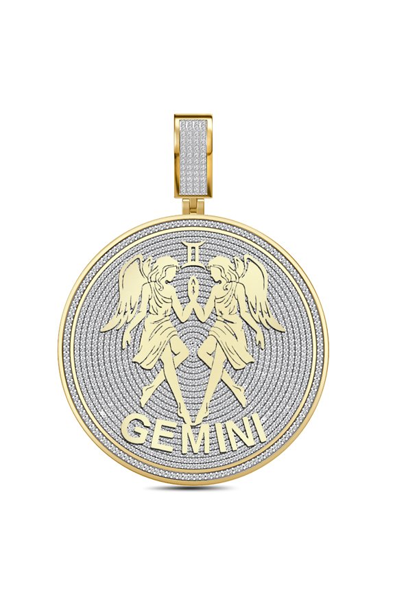 Real Genuine Sterling Silver 28+ Grams Zodiac Gemini Astrological Birth Sign 14K Yellow Gold On 3.50 Ct. Simulated Diamond Lucky Pendant Charm +Free Chain