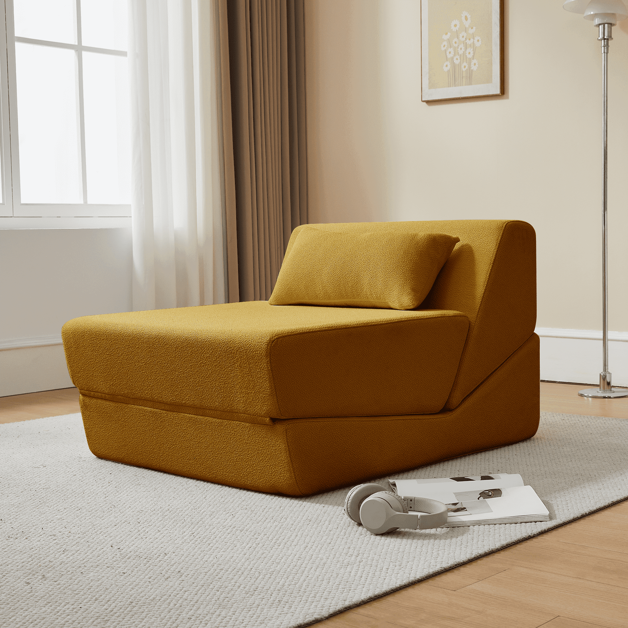 MAYEERTY Leisure Convertible Alpaca Wool Fabric Sofa Chair Modern 2-in-1 Functional Compressed Sofa Bed Perfect for Small Space Living Room Dormitory Apartment Study