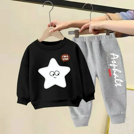 

Geire Boys Girls Casual Outfits 2PC Set Spring Fall New Star Printed Velvet Sweatershirt Long-sleeved Hoodless Top & Elastic Waist Jogger Pants Two-piece Set