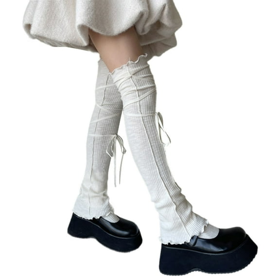 Aesthetic Lace Up Bandages Ribbed Over Knee Leg Warmers Ruffle Trim Thigh High Long Socks Stockings for Trendy Women