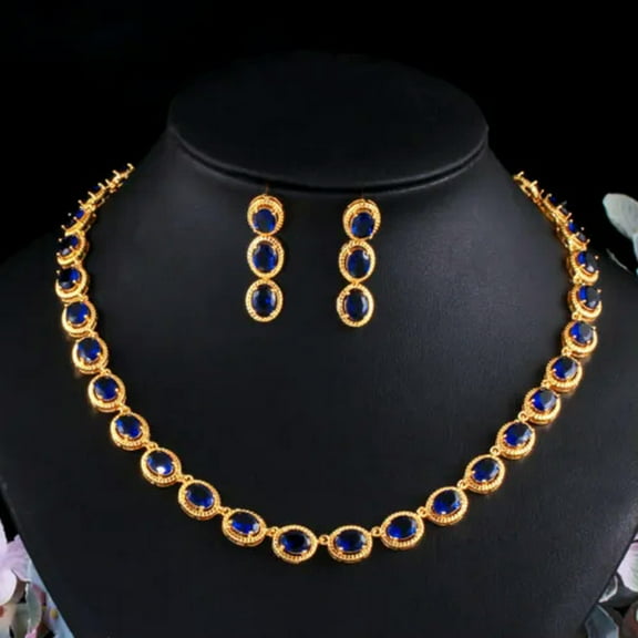 Indian Gold Blue CZ Wedding Jewelry Set Round Bridal Choker Necklace Earrings