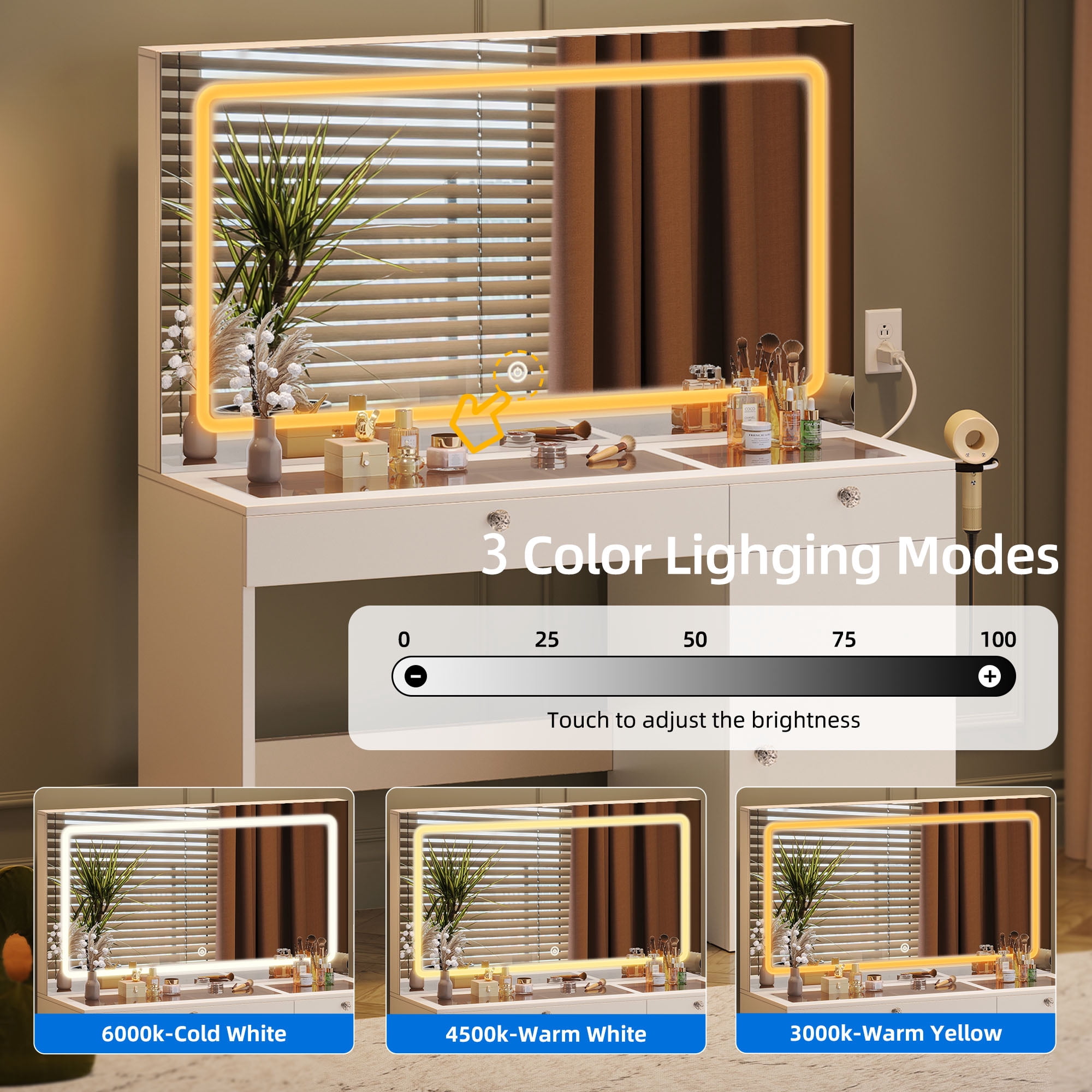 Uforic Modern Vanity Desk with LED Lighted Mirror & Power Outlet, Makeup Vanity Table with Drawers & Cabinet , Bedroom Dressing Vanity with Dividers and Hair Dryer Rack, White