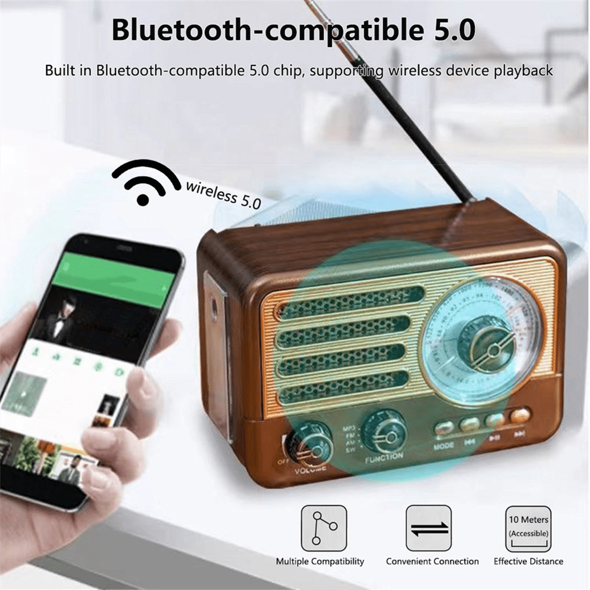 Portable Retro Radio Vintage Bluetooth Speaker FM/AM Radio Receiver with LED Flashlight, Supports TF Card, USB, AUX Play