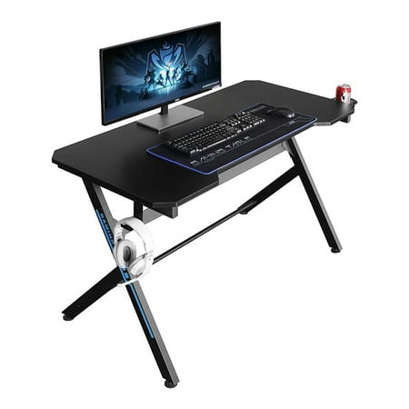 JJS 48 Home Office Gaming Computer Desk with Cable Management R Shaped Large Gamer Workstation PC Table with Cup Holder Headphone Hook Mouse Pad Black