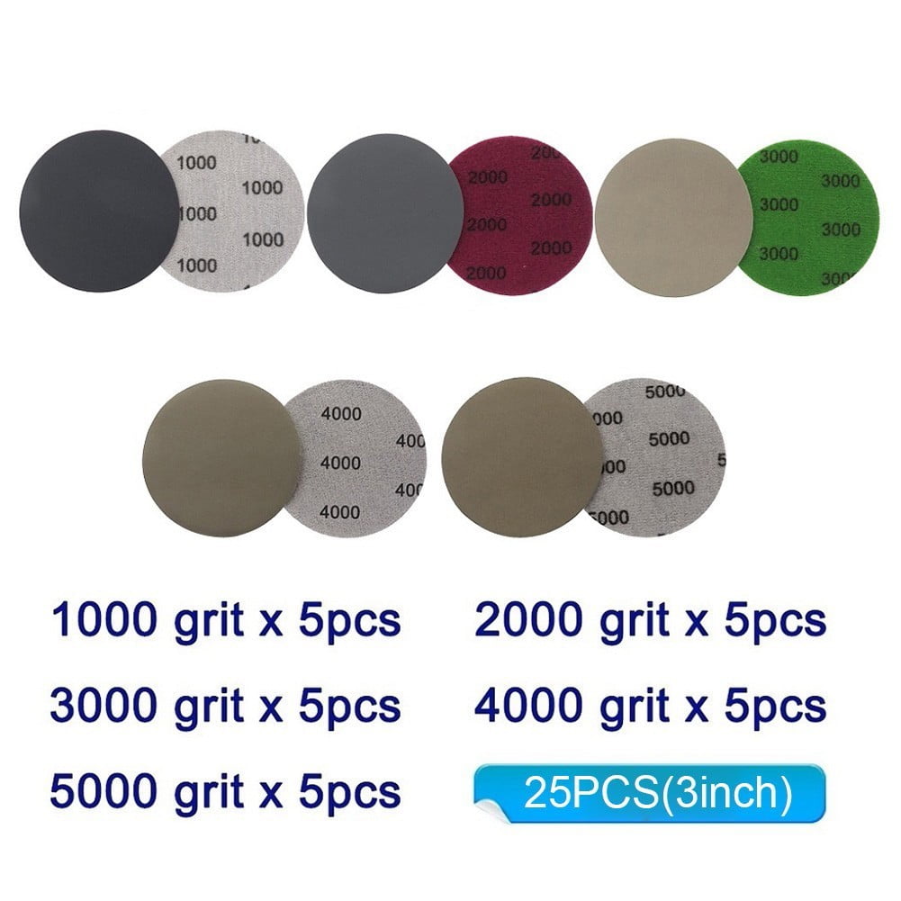 25pcs 3 Hook & Loop Sanding Discs Wet Dry Sandpaper Pad 1000-5000 Grits Sander 