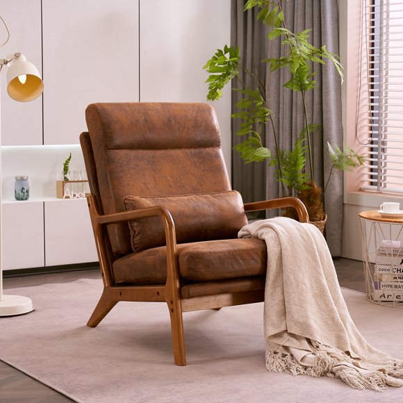 Ktaxon Fauteuil d'Appoint Mid-Century Modern, Fauteuil en Tissu Effet Bronzage, Causeuse une Place à Dossier Haut avec Cadre en Bois Massif Brun