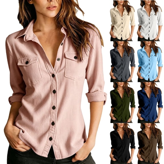 Jovrlynd Button Down Shirts for Women Long Sleeve Collared Corduroy Dress Shirts with Pockets Soft Stretch Casual Business Office Tops
