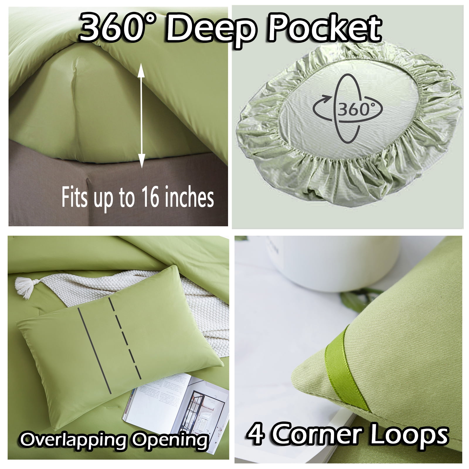MorroMorn Green Comforter Set Queen Size, 4 Pieces All Season Bedding Sets, Soft Bed Set with 1 Down Alternative Duvet Insert 90×90 Inches, 2 Pillow Cases & 1 Fitted Sheet (Queen, Avocado Green)