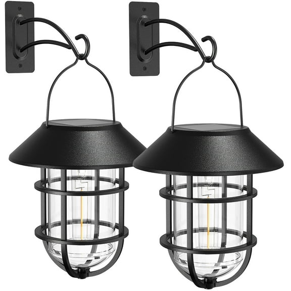 Solar Lantern Hanging Solar Lights Outdoor, Waterproof Metal Wall Lantern with Hooks, Outdoor Wall Lights for Porch, Patio Yard Garden Decor, No Wiring Required, 2 Pack