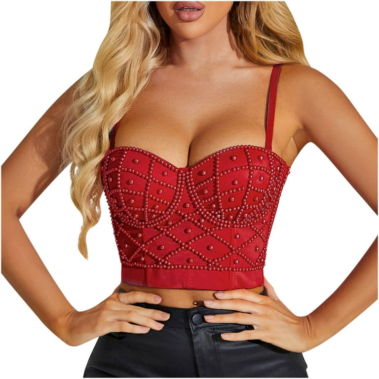 YYDGH Womens Pearl Beaded Bustier Crop Top Spaghetti Strap Corset Top Club  Party Pink L 