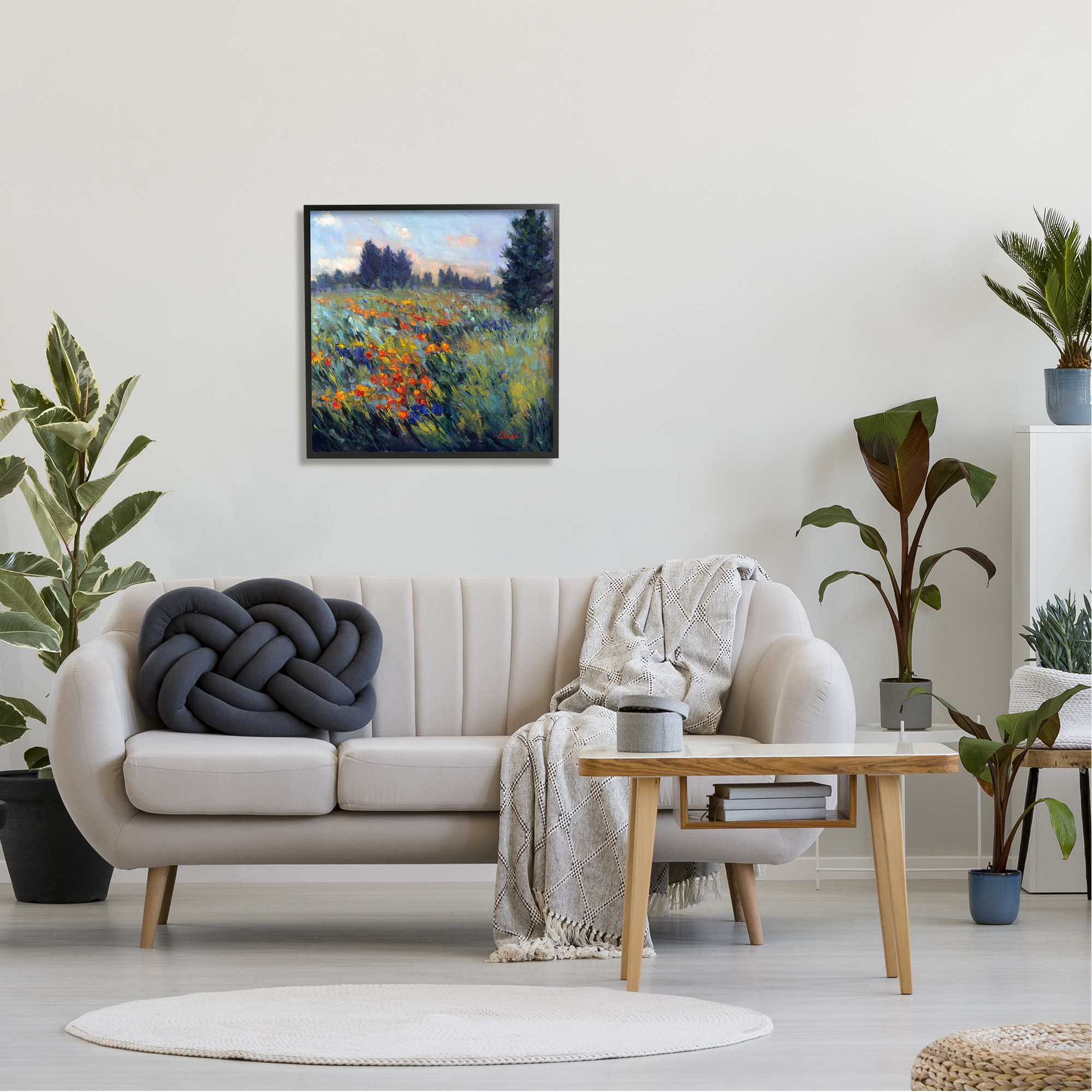 Stupell Industries Flower Meadow Landscape Landscape Painting Black Framed Art Print Wall Art, 24 x 24