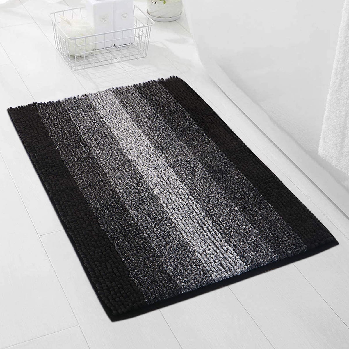 Soft Chenille Bathroom Rug Non-Slip Backing Black and Gray 32" x 20" Absorbent Furry Bath Mats Rugs for Bathtub Shower