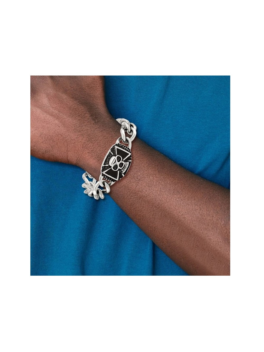 Stainless Steel Antiqued and Polished Skull Curb Bracelet (9.00 inches) for Men