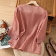 thumbnail image 5 of XIAONU Womens Embroidered Linen Blouse Loose Three Quarter Sleeve Split V-Neck Floral Embroidered Linen Shirt Lightweight Boho Casual Daily Wear Top, 5 of 9