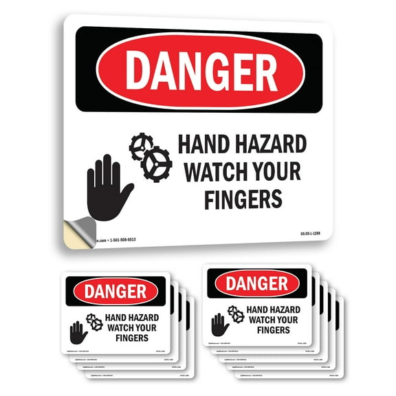 Hand Hazard Watch Your Fingers OSHA Danger Vinyl Decal Label 14 Inch x 10 Inch - 10 Pack