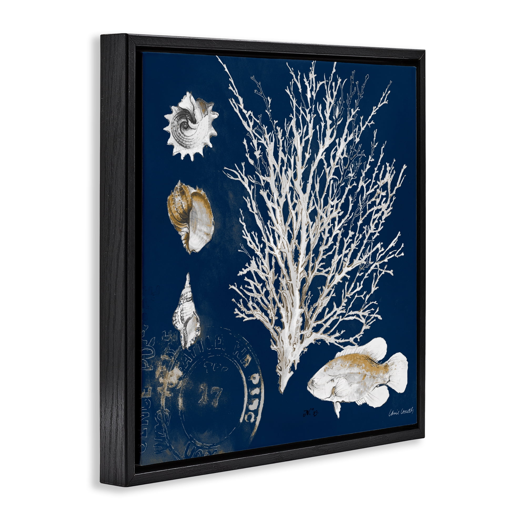 Stupell Industries Coral Medley on Navy Black Framed Floater Canvas Wall Art, design by Lanie Loreth