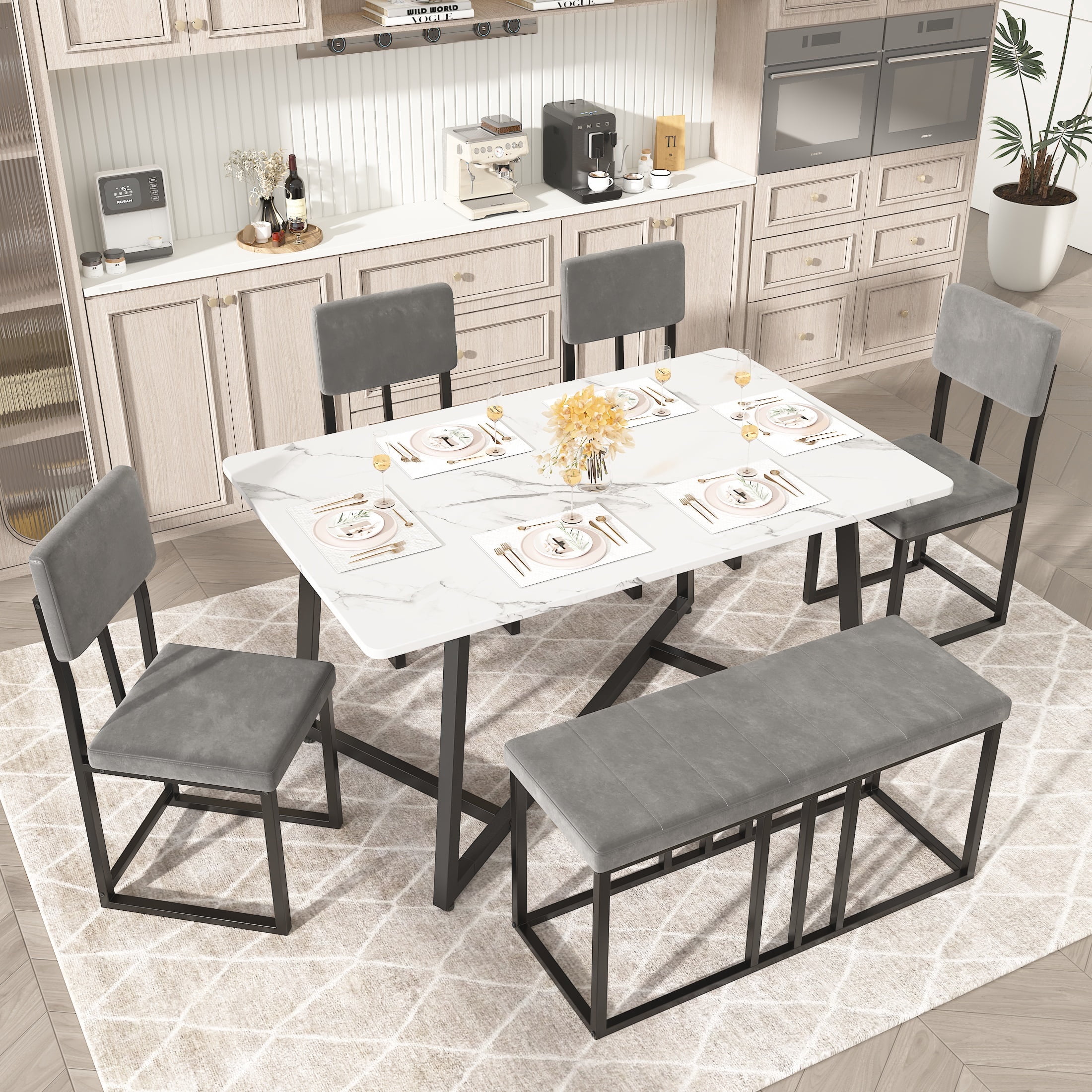 PORKISS Dining Room Set for 6, Modern Dining Table Set for 6 with Faux Marble Table, 4 Velvet Chairs and 1 Cushion Bench, Metal Frame, White + Gray + Black