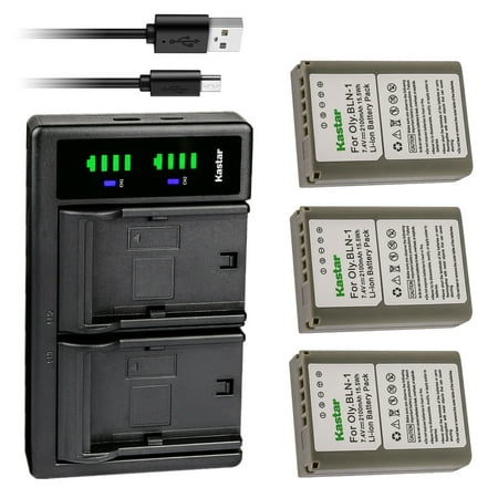 Image of Kastar 3-Pack Fully Decoded Battery and LTD2 USB Charger Replacement for Olympus BLN-1 BLN1 Battery BCN-1 Charger M-D E-M1 OM-D E-M5 OM-D E-M5 Mark II OM-D E-M5 Mark III PEN E-P5 PEN-F Camera