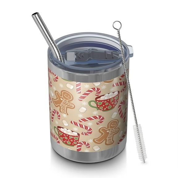 12oz Tumblers Beige Christmas Gingerbread Man Pattern Vacuum Insulated Stainless Steel Travel Tumbler Cups Mug with Lid and Straw for Beer,Coffee,Beverages with Cleaning Brush for Cold & Hot Drinks