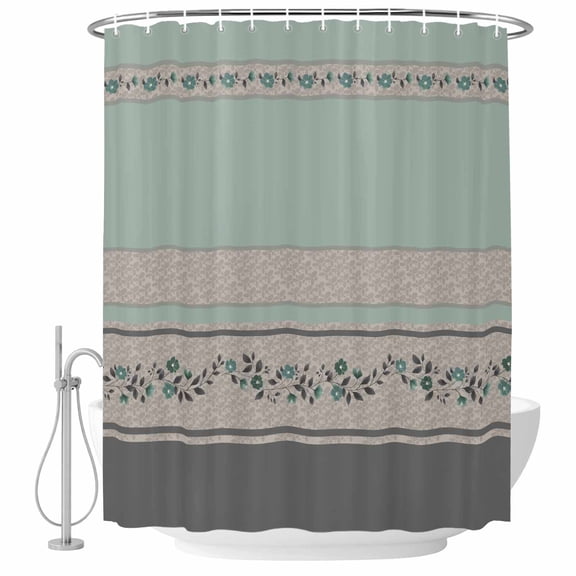 Turquoise Floral Shower Curtain Set - Long 72" x 84" Washable Bathtub Curtain with 12 Hooks, Modern Farmhouse Leaves Gray Striped Waterproof Fabric Stall Shower Curtains for Bathroom/Bathtub Décor