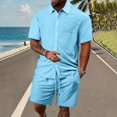 thumbnail image 2 of FINALGANG Men Versatile Outfits Solid Color Short Sleeve Turndown Collar Buttons Down Jacquard Shirt Drawstring Shorts Casual Set Relaxed Fit Breathable Daily Wear, 2 of 6