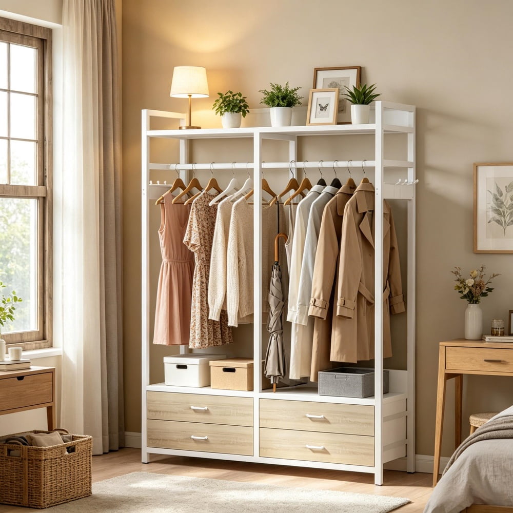 Freestanding Open Wardrobe with 47" Clothing Rod, 4 Drawers & 8 Hooks, Industrial Metal Frame Closet Organizer with Anti-Tip Straps for Bedroom