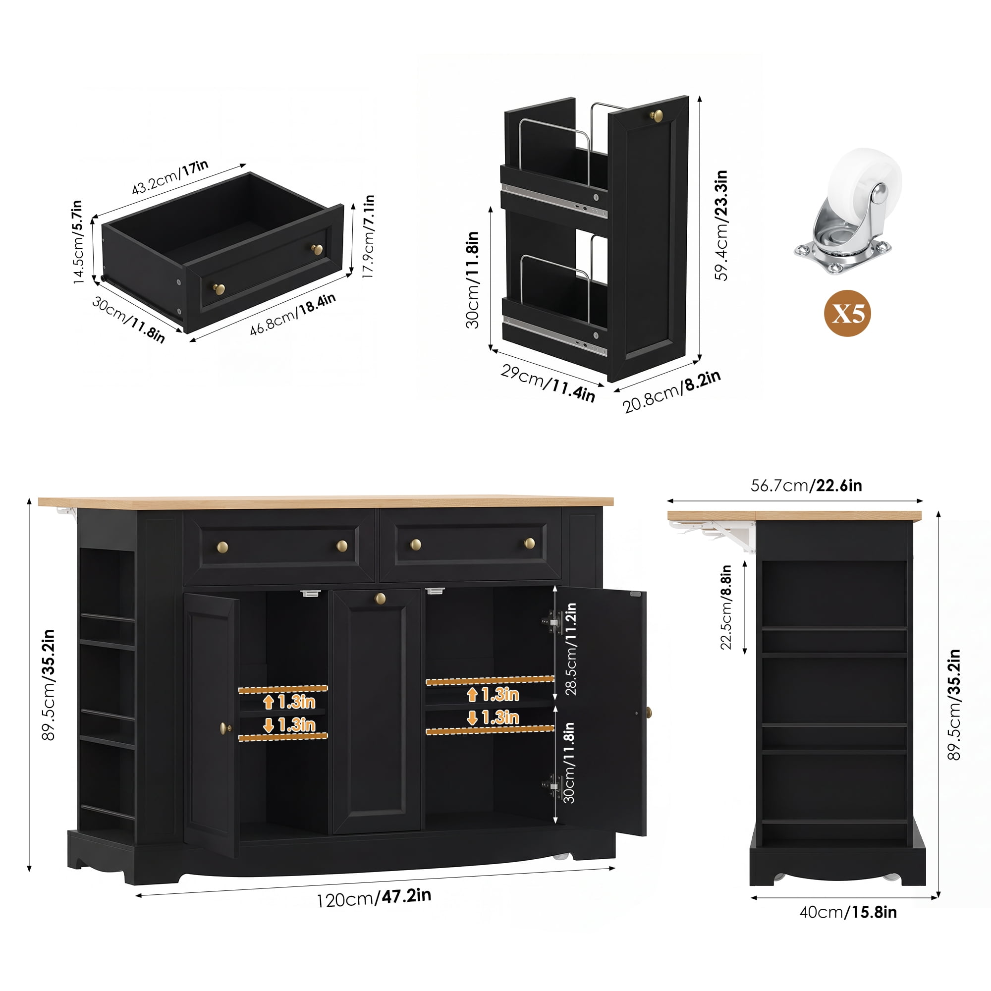 Homfa Mobile Kitchen Island with Rubberwood Countertop, 3 Drawer 2 Door Kitchen Cart with Drop Leaf and Casters for Kitchen Dining Room, Black