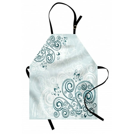 Floral Apron Vintage Inspired Swirled Lines Leaves Petals Shabby Classic Image Print, Unisex Kitchen Bib Apron with Adjustable Neck for Cooking Baking Gardening, Baby Blue Jade Green, by