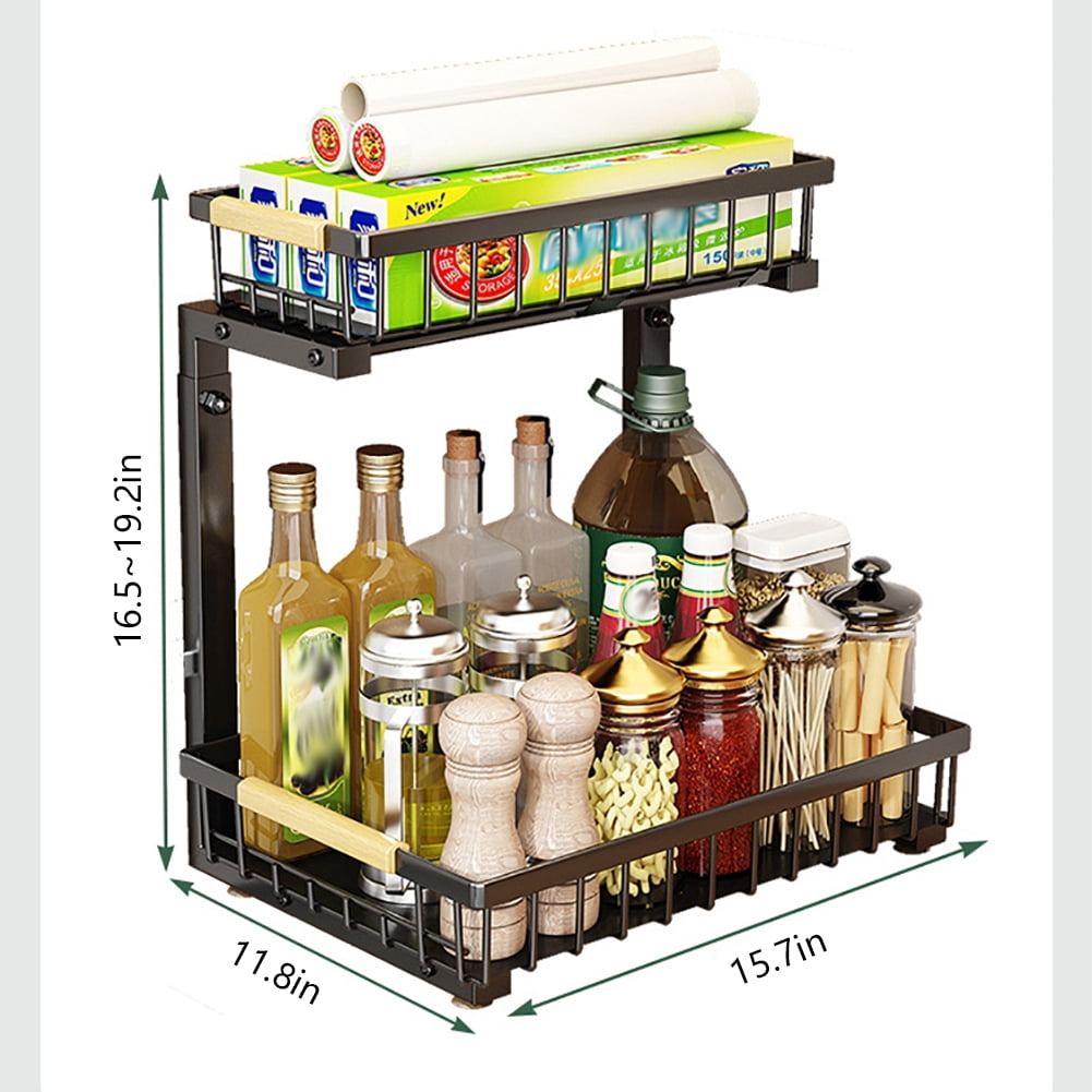 Under Sink Organizer Adjustable Height 2 Tier Pull Out Under Cabinet Organizer Thickened Metal Shelf Slide Out Under Sink Storage for Kitchen Bathroom Cabinet Laundry