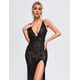 thumbnail image 3 of Vestido largo BELLA BARNETT brillante con cuello en V transparente, negro, 3 of 5
