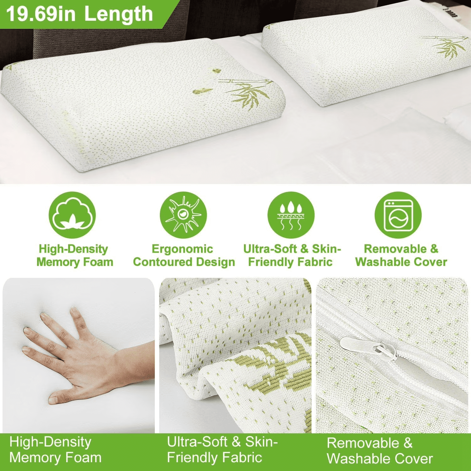 Bamboo Memory Foam Cervical Pillow Orthopedic Contoured Neck Support Pillow Breathable Washable Cover for Back & Side Sleepers