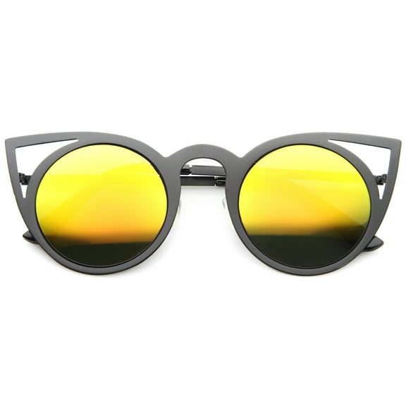 sunglassLA Unisex Womens Fashion Round Metal Cut-Out Flash Mirror Lens Cat Eye Sunglasses (Black / Yellow Mirror) - 48mm
