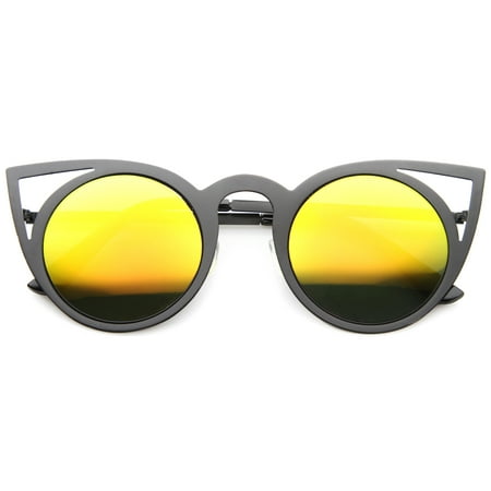 sunglassLA - Womens Fashion Round Metal Cut-Out Flash Mirror Lens Cat Eye Sunglasses - 48mm