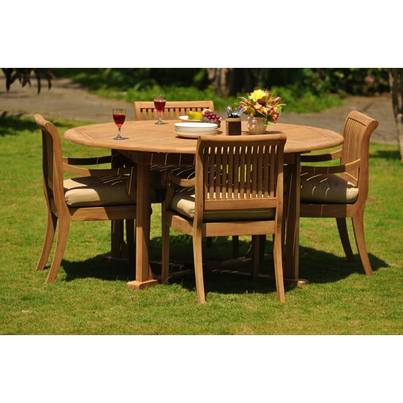 Teak Dining Set: 4 Seater 5 Pc: 72" Round Table And 4 Giva Arm Chairs Outdoor Patio Grade-A Teak Wood WholesaleTeak #WMDSGV29
