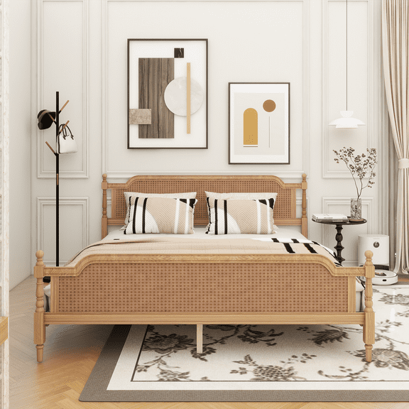 Traditional Style Rattan King Size Bed Frame,No Box Spring Needed,Antique Walnut