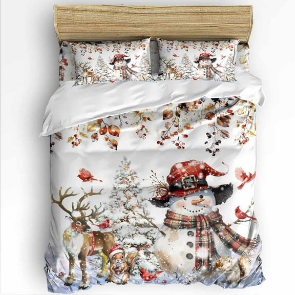 Christmas Snowman King Size Comforter Set, Xmas Snowflake Elk Eucalyptus Leaves Soft Bedding for All Seasons, 4 Pcs Bed Set with 1Comforter (90"x106") ,1 Sheet(94"x116"), 2 Pillowcases (19"x35")