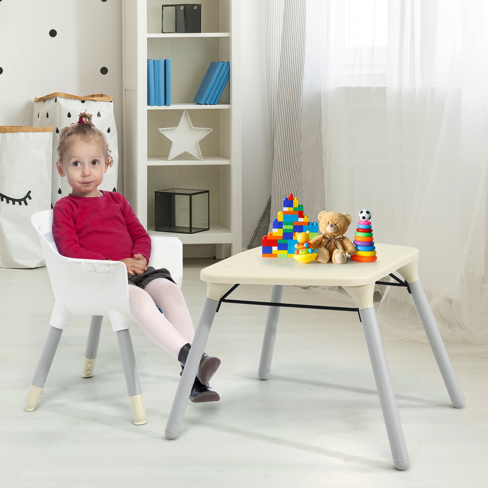 Babyjoy 4 in 1 Baby High Chair Convertible Toddler Table Chair Set with PU Cushion Beige