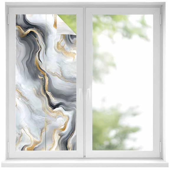 Abstract Marble Window Privacy Film Gradient Black White Gold Texture Decorative Glass Window Film UV Blocking Static Cling Non-Adhesive Sticker Covering for Home Door 17.7 x 39.3 inches