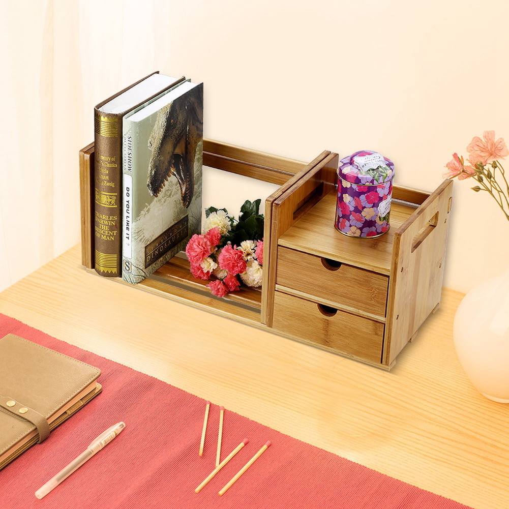Natural Bamboo Wood Desktop Bookshelf 20.08-31.69 Inch Extendable Desk Tabletop Book Rack with 2 Drawers for Office Home Classroom Bedroom Desk Organizer Rack 