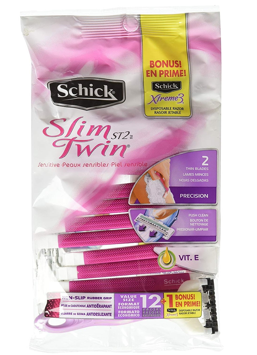 Schick Slim Twin Sensitive Skin Disposable Razors for Women with Aloe and Vitamin E, 12 Count