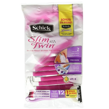 Schick Slim Twin Sensitive Skin Disposable Razors for Women with Aloe and Vitamin E, 12