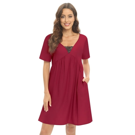 Baywell Women's Short Sleeve Nightdress with Pockets, Lace Stitching V Neck Front Pleated Nightgown Sleepwear Loose Casual Loungewear Above Knee Length Sleep Dress, S-2XL