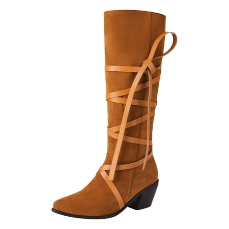 

Winter Chelsea Boots for Women Mid Calf Boots Winter Boots Fashion New Pattern Pointed Toe Thick Heel Retro Bandage Decorative Comfortable Shoes Knee High Boots(Size:8)